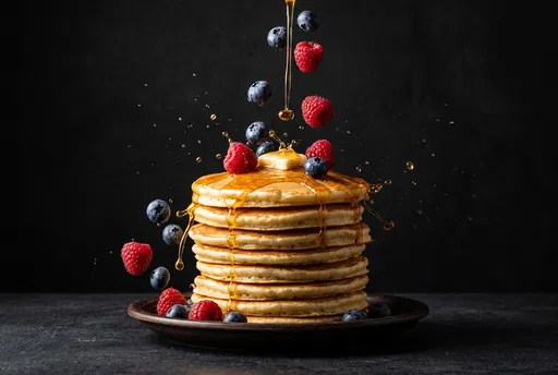 Pancake Stack with Falling Berries and Syrup