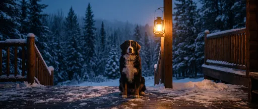 Bernese Mountain Dog on Snowy Porch