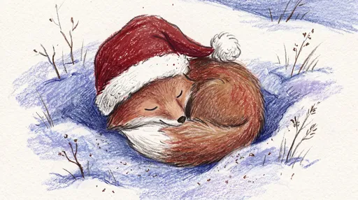 Sleeping Fox in Santa Hat Illustration