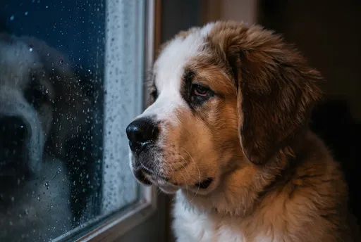 Saint Bernard Puppy Looking Out Rainy Window