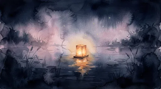 Watercolor Glowing Paper Lantern on Night Pond