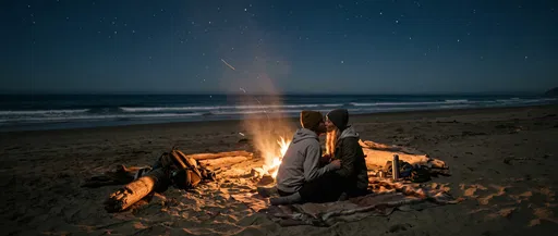 Couple Kissing by Beach Campfire at Night