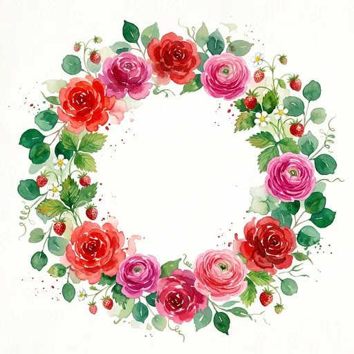 Watercolor Rose and Strawberry Botanical Wreath