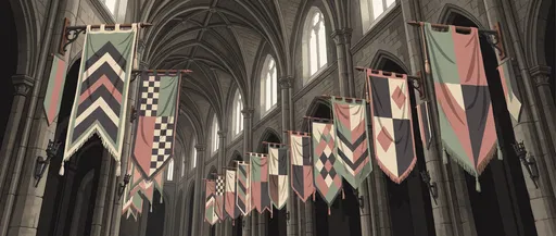 Heraldic Banners in Vaulted Stone Hall