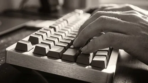 Monochrome Close-Up of Hands Typing on Keyboard
