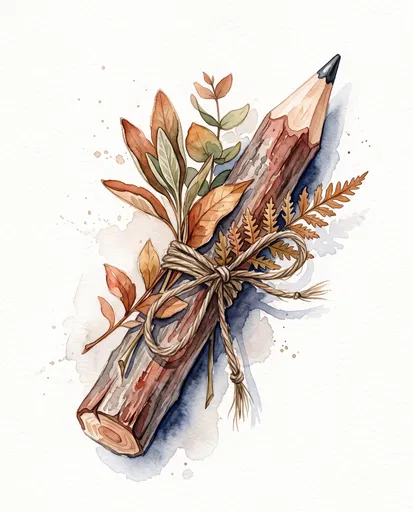 Watercolor Rustic Wood Pencil With Leaves