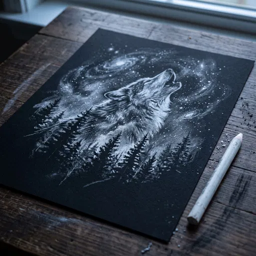 White Charcoal Wolf Drawing on Black Paper