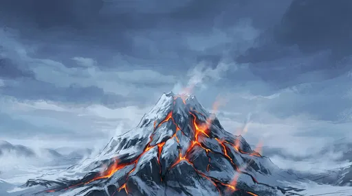 Snowy Volcano Illustration with Glowing Magma Veins