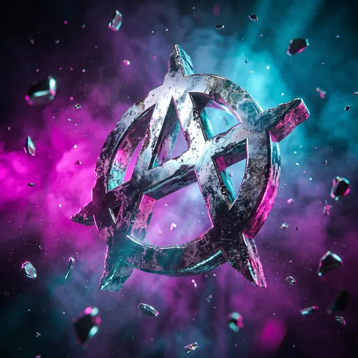 Distressed Chrome Anarchy Symbol in Neon Haze