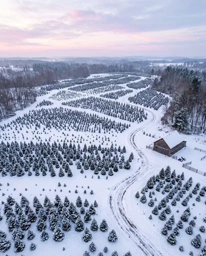 Aerial View of Snowy Christmas Tree Farm