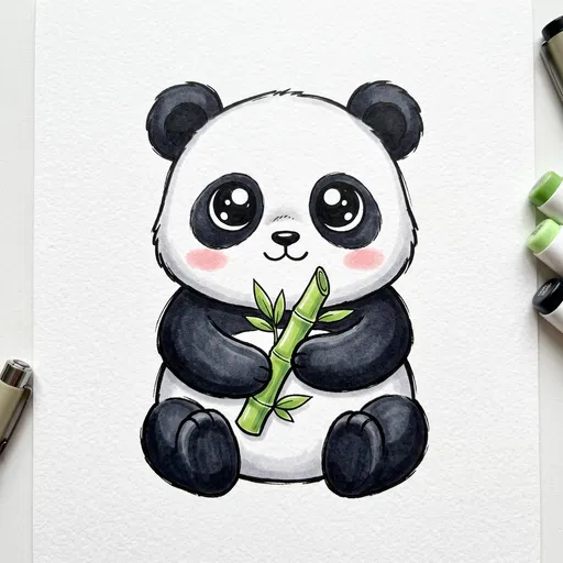 Kawaii Panda Drawing with Bamboo Shoot