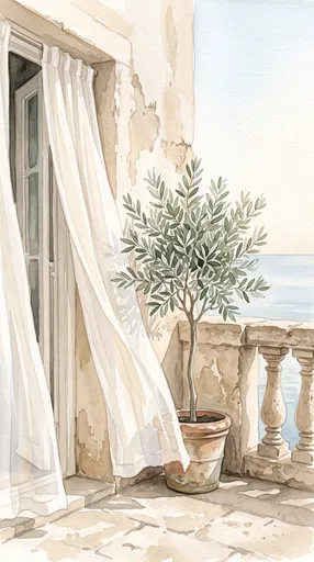 Watercolor Mediterranean Balcony With Olive Tree