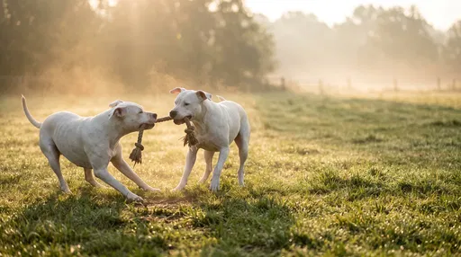 Two White Dogs Playing Tug Outdoors