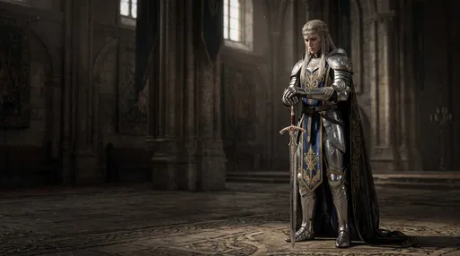 Elven Paladin Knight Standing in Dim Hall