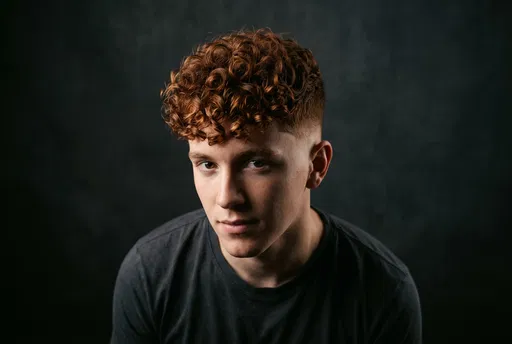 Young Man with Auburn Curly Tapered Haircut