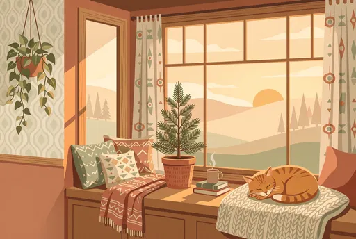 Cozy Window Nook With Sleeping Ginger Cat
