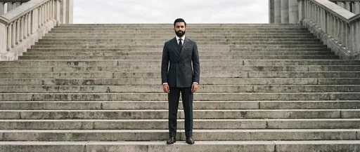 Man in Charcoal Suit on Monumental Steps