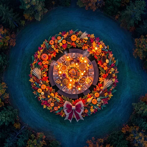 Overhead Thanksgiving Feast in Giant Wreath
