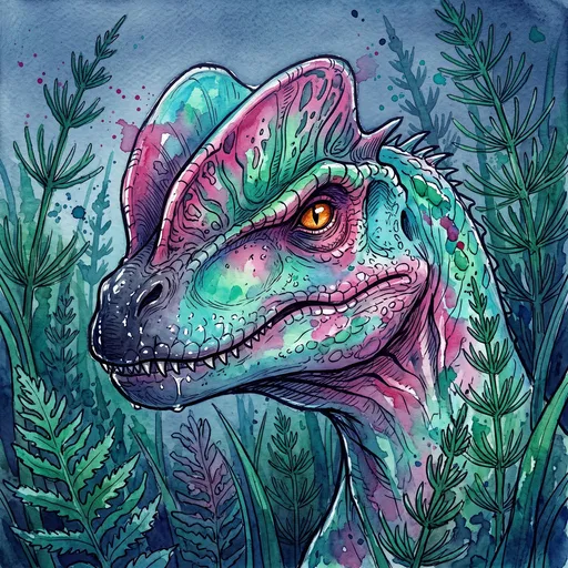 Watercolor Dilophosaurus Portrait in Prehistoric Foliage