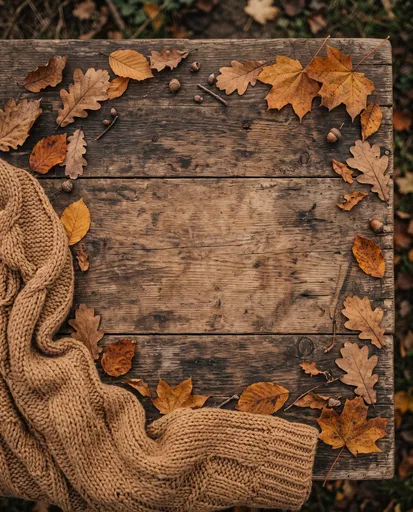 Rustic Autumn Wood Table Flatlay With Knitwear