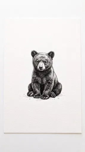 Ink Drawing of Sitting Bear Cub
