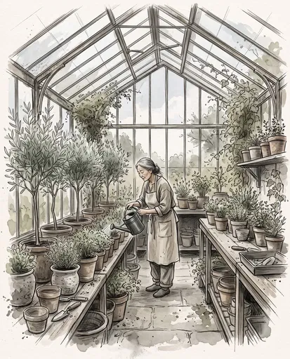 Woman Watering Greenhouse Plants Illustration