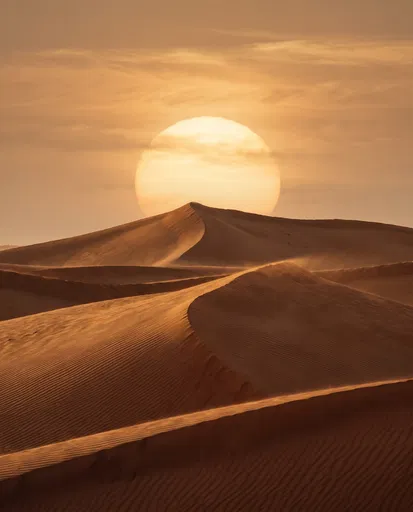 Golden Sun Setting Behind Desert Sand Dunes