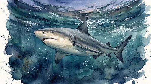 Watercolor Bull Shark Near Water Surface