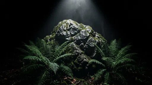 Mossy Boulder Under Night Spotlight