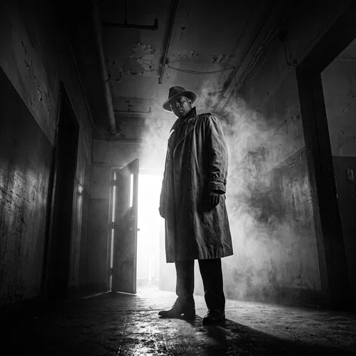 Noir Detective in Foggy Hallway