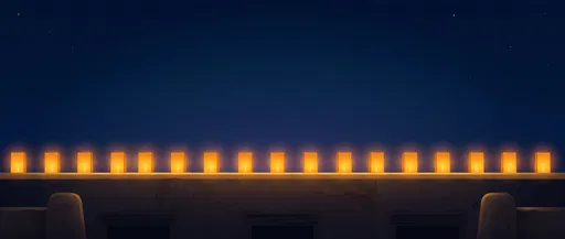 Glowing Farolitos on Adobe Roofline at Night