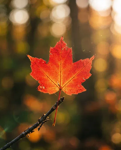 Backlit Red Maple Leaf on Twig