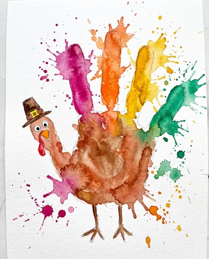 Colorful Watercolor Handprint Turkey Illustration