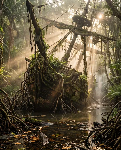 Decaying Pirate Shipwreck in Misty Mangrove Swamp