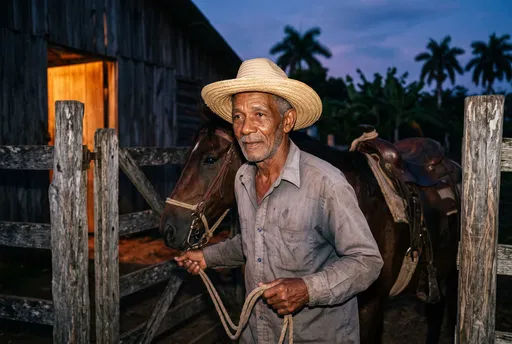 Older Farmer Leading Horse at Dusk