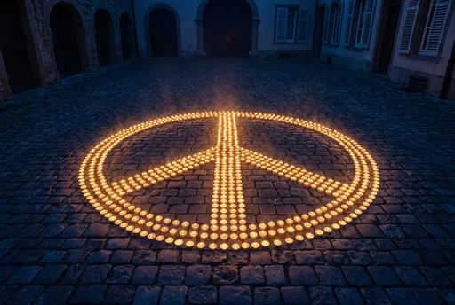 Candlelit Peace Sign on Cobblestones