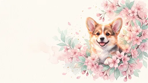 Watercolor Corgi Puppy Among Cherry Blossoms