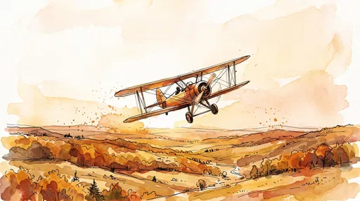 Watercolor Biplane Soaring Over Autumn Hills
