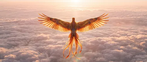 Golden Phoenix Soaring Above Dawn Clouds