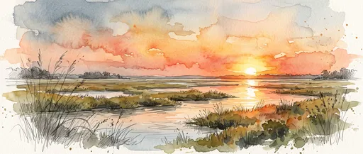 Watercolor Marshland Sunset Panorama