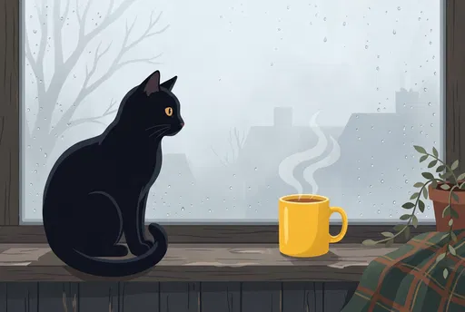 Black Cat by Rainy Window