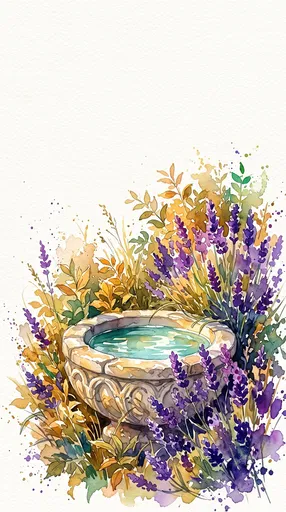 Watercolor Stone Basin With Lavender Flowers