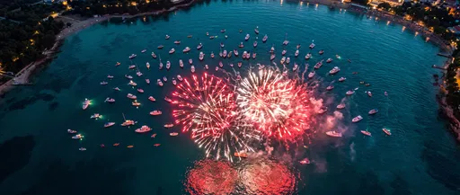 Aerial View of Fireworks Over Coastal Bay