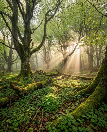 Sunlit Forest with Moss and Shamrocks