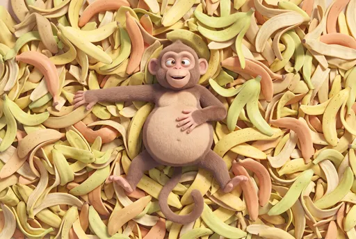 3D Cartoon Monkey Lying on Banana Peels