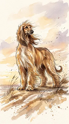 Watercolor Illustration of Golden Afghan Hound