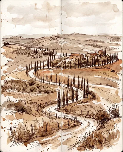 Tuscan Landscape Ink and Watercolor Sketch