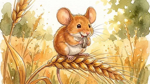 Watercolor Harvest Mouse on Wheat Stalk
