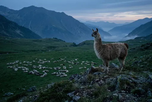 Guard Llama Overlooking Sheep at Twilight