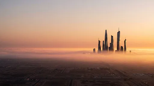 Futuristic Skyline Rising Above Foggy Sunset